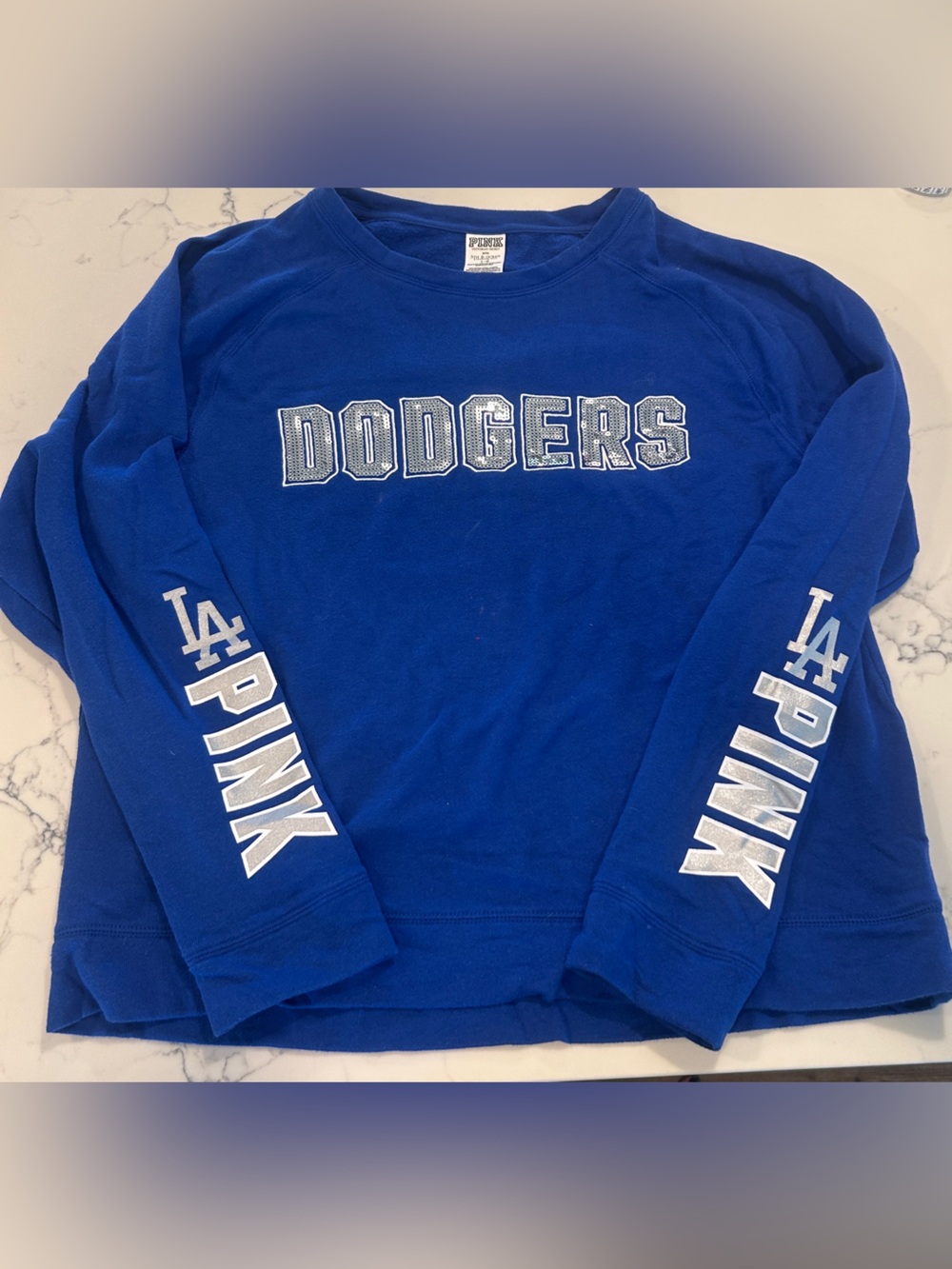 PINK Victoria's Secret Royal Blue Sweatshirt with Silver Sequined Letters large